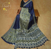 APL9121 Royal Indigo Semi Modal Silk saree with olive green ajrakh aallu and elephant motifs.