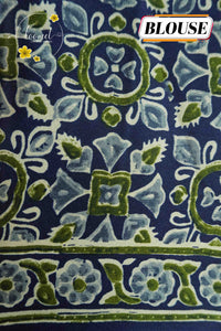 APL9121 Royal Indigo Semi Modal Silk saree with olive green ajrakh aallu and elephant motifs.