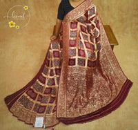 APL9231 Royal Maroon Pure Modal Silk saree with ajrakh print golden grid matrix and ornate heritage pallu.