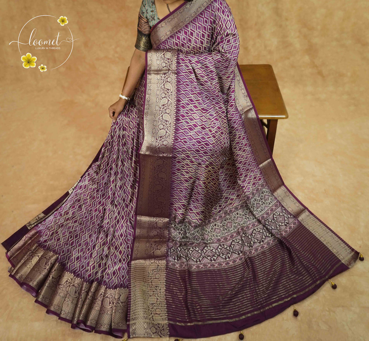APL9901 Plum Viscose saree with 3D Geometric Diamond Print.
