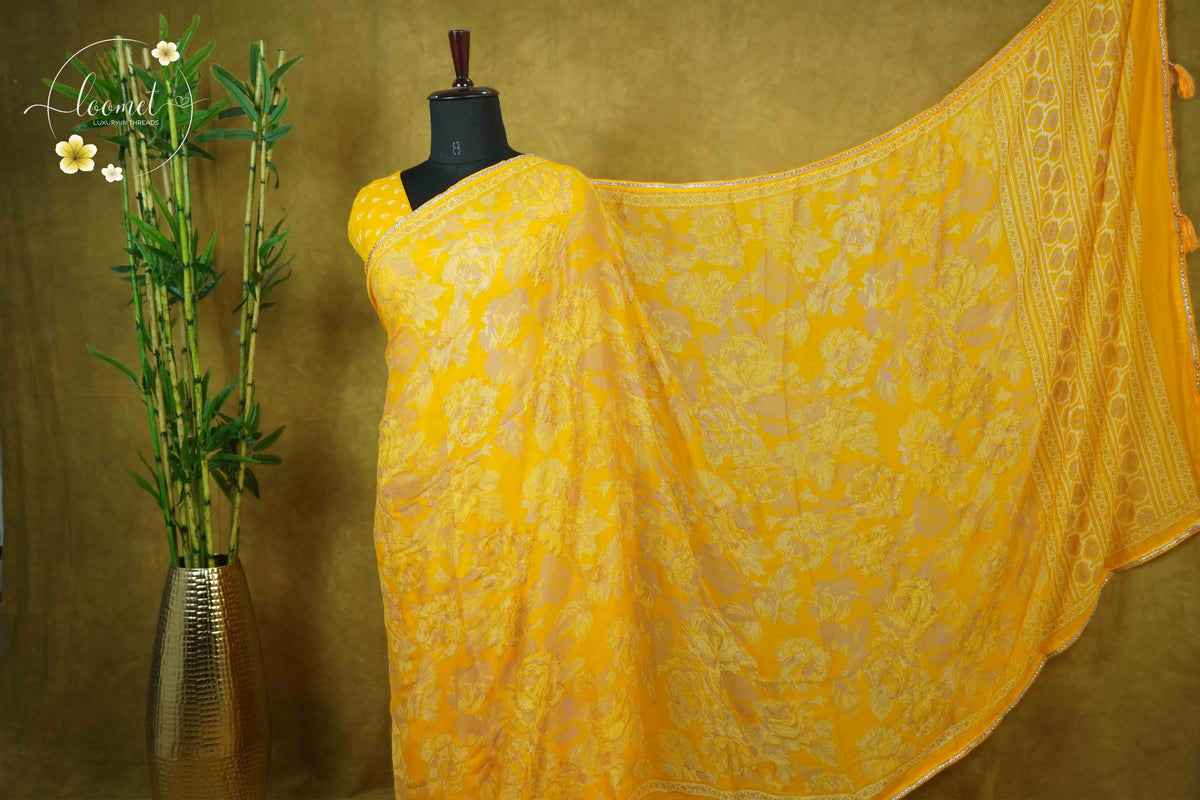ARN1611 Sunflower Yellow Chiffon saree with all-over large floral prints.