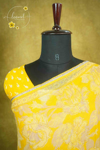 ARN1611 Sunflower Yellow Chiffon saree with all-over large floral prints.