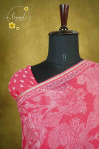 ARN1612 Deep Rose Chiffon saree with all-over large floral prints.
