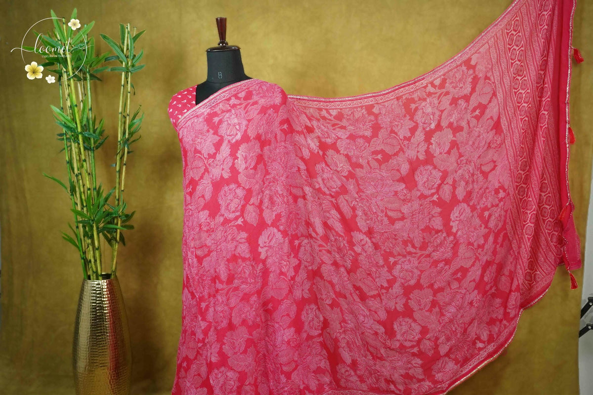 ARN1612 Deep Rose Chiffon saree with all-over large floral prints.