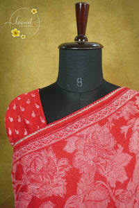 ARN1614 Scarlet Red Chiffon saree with all-over large floral prints.