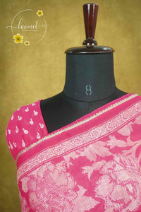 ARN1615 Rani Pink Chiffon saree with all-over large floral prints.