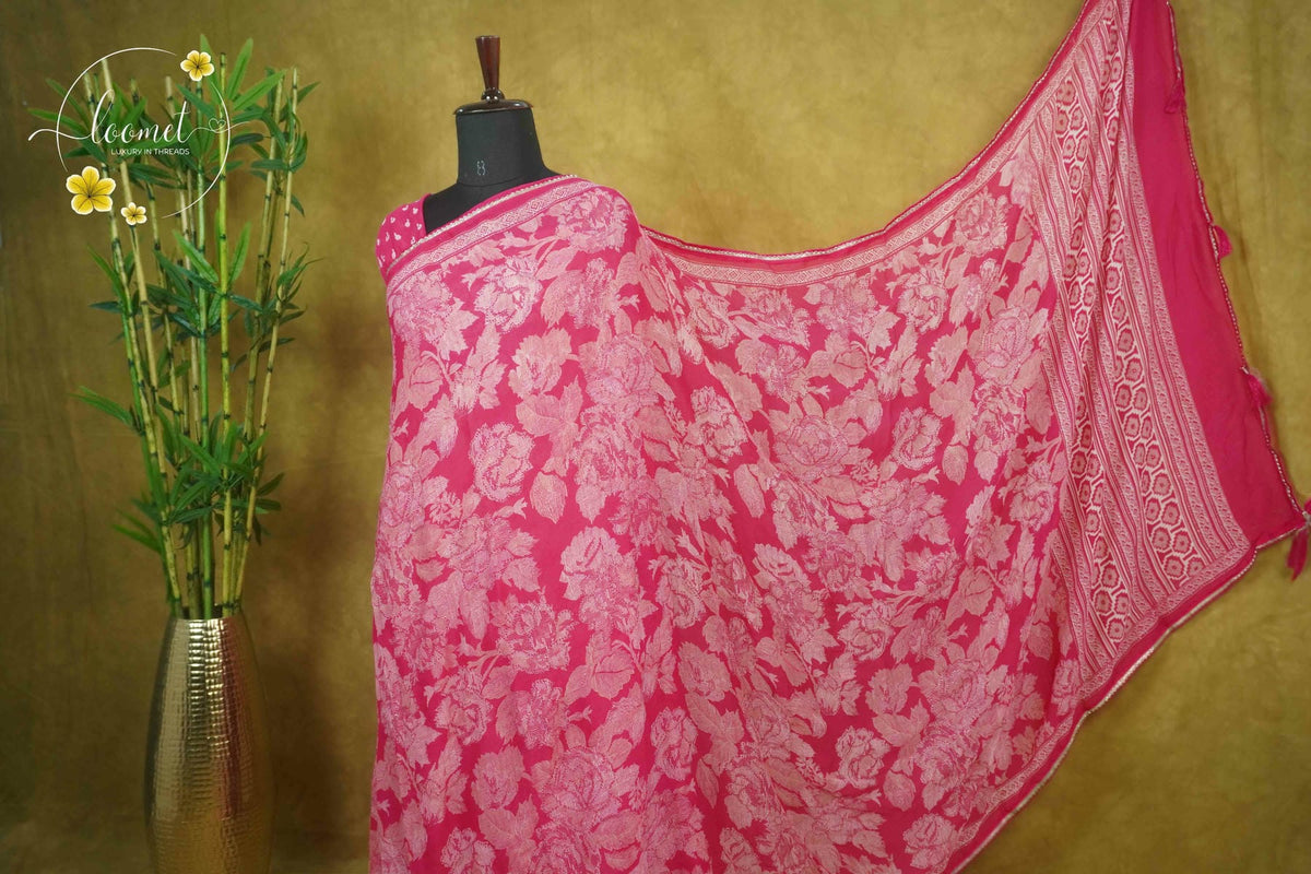 ARN1615 Rani Pink Chiffon saree with all-over large floral prints.