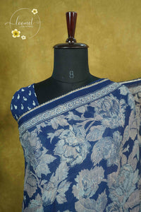 ARN1617 Royal Blue Chiffon saree with all-over large floral prints.