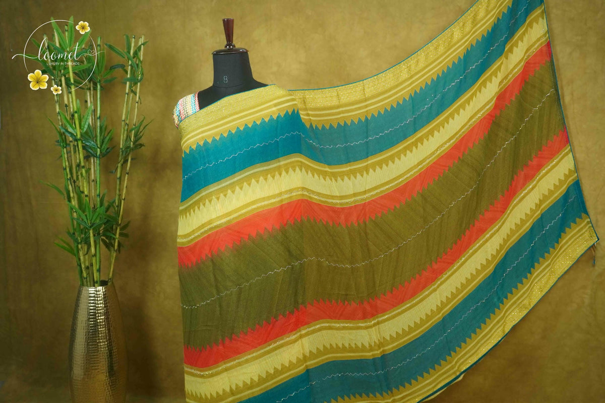 ARN1711 Multi-color Georgette saree with Zig-Zag geometric pattern.