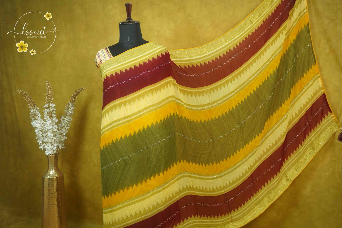 ARN1712 Multi-color Georgette saree with Zig-Zag geometric pattern.