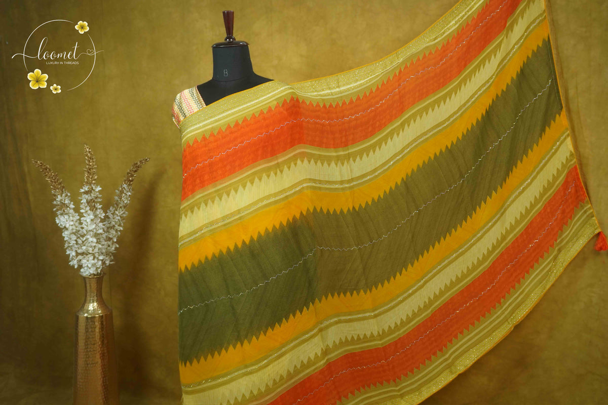 ARN1713 Multi-color Georgette saree with Zig-Zag geometric pattern.