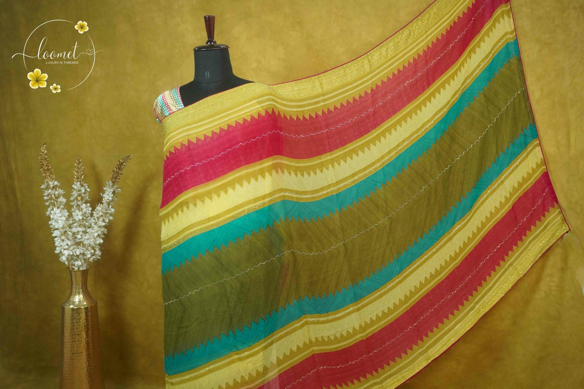 ARN1715 Multi-color Georgette saree with Zig-Zag geometric pattern.