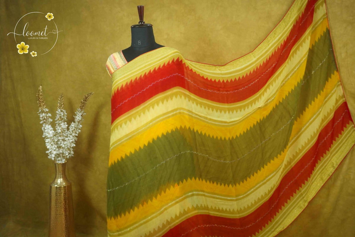 ARN1716 Multi-color Georgette saree with Zig-Zag geometric pattern.