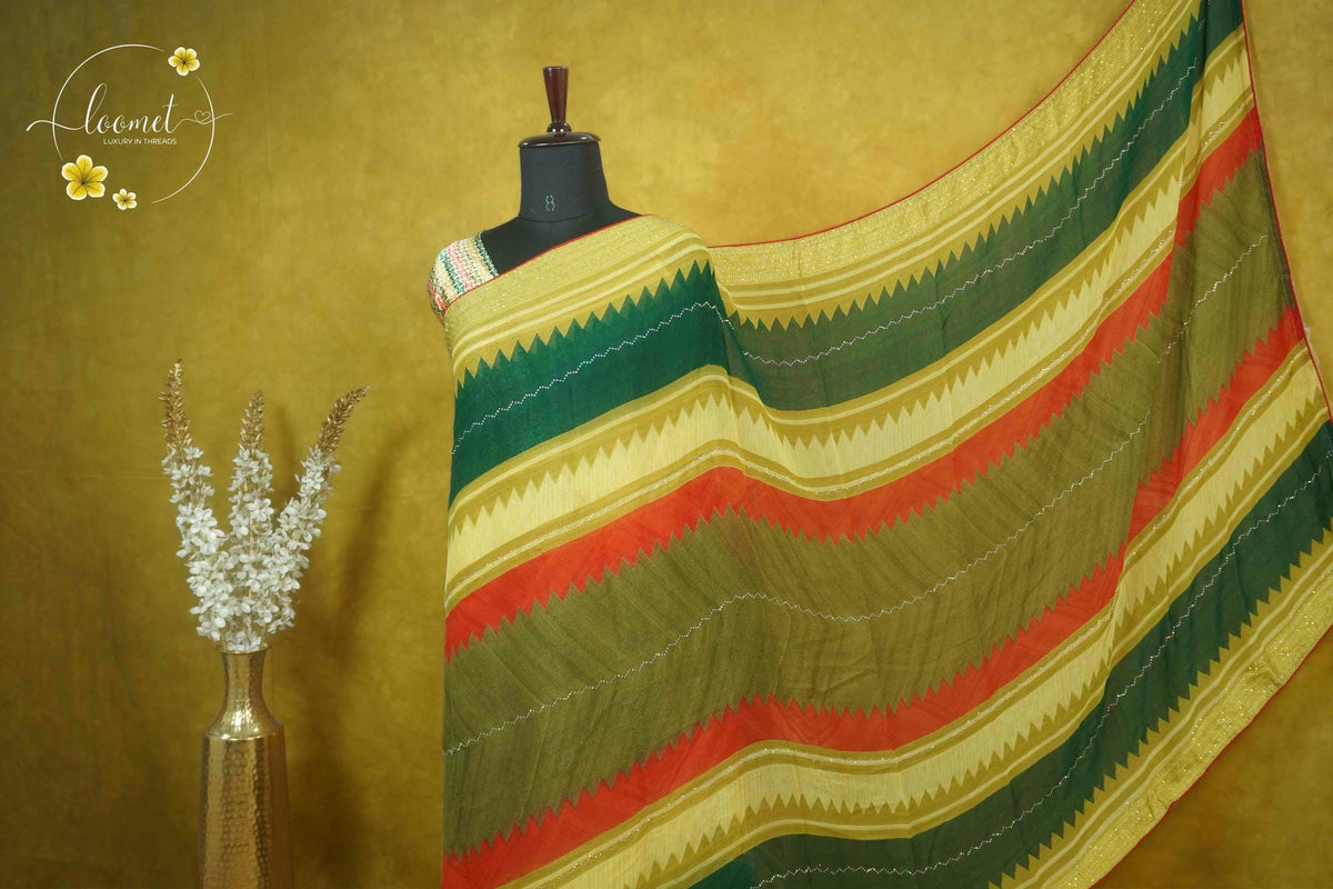 ARN1717 Multi-color Georgette saree with Zig-Zag geometric pattern.