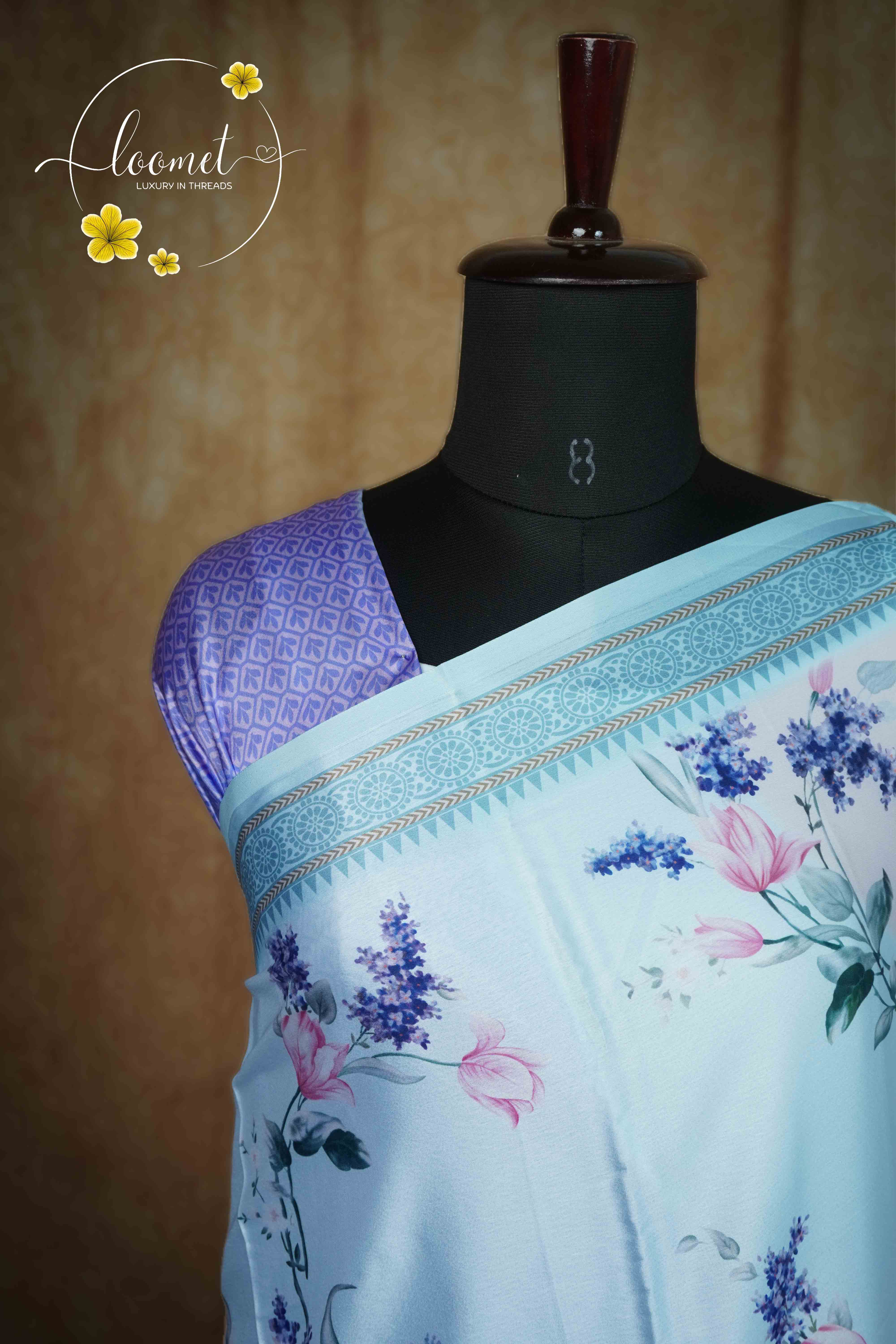 ARN1811 Pastel seafoam blue and Soft Blush Pink Crepe saree with Floral Digital Prints.