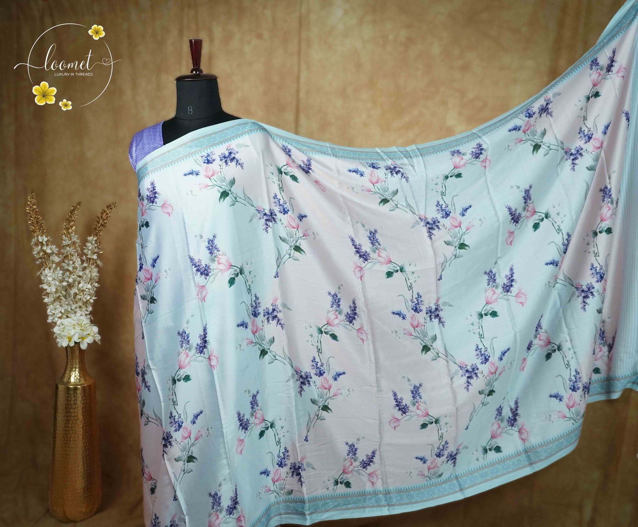 ARN1811 Pastel seafoam blue and Soft Blush Pink Crepe saree with Floral Digital Prints.