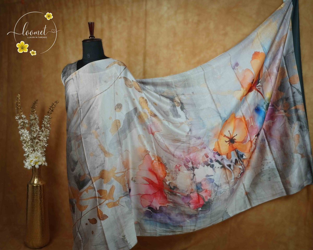ARN1812 Slate Grey and Silver Crepe saree with abstract floral digital prints