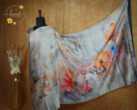 ARN1812 Slate Grey and Silver Crepe saree with abstract floral digital prints