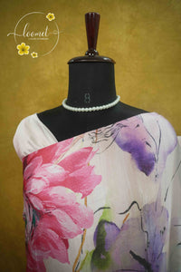 ARN1813 Soft Lilac and Candy Pink Crepe saree with Floral Digital Print.
