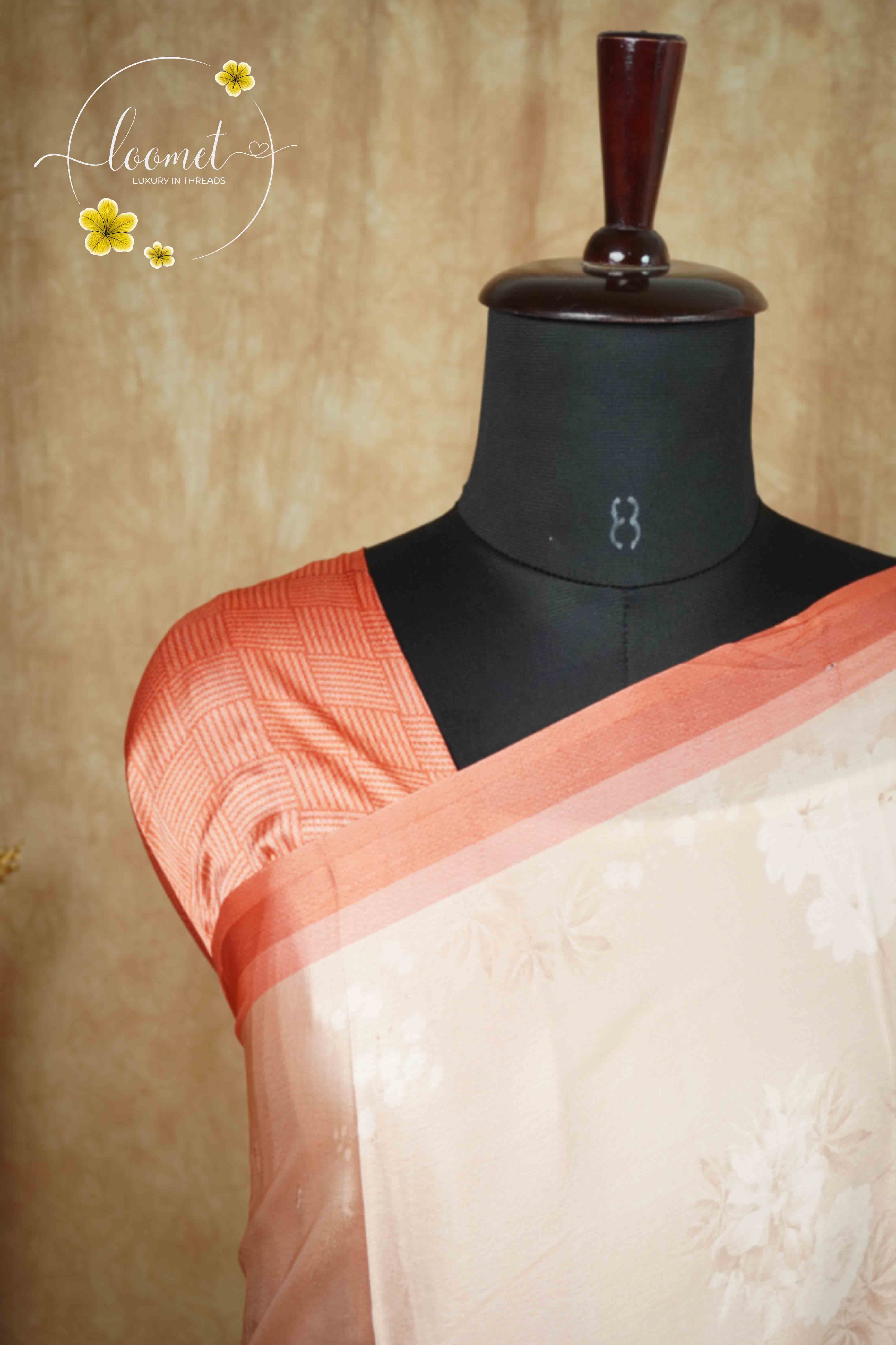 ARN1814 Peach Crepe saree with Floral Digital Print.
