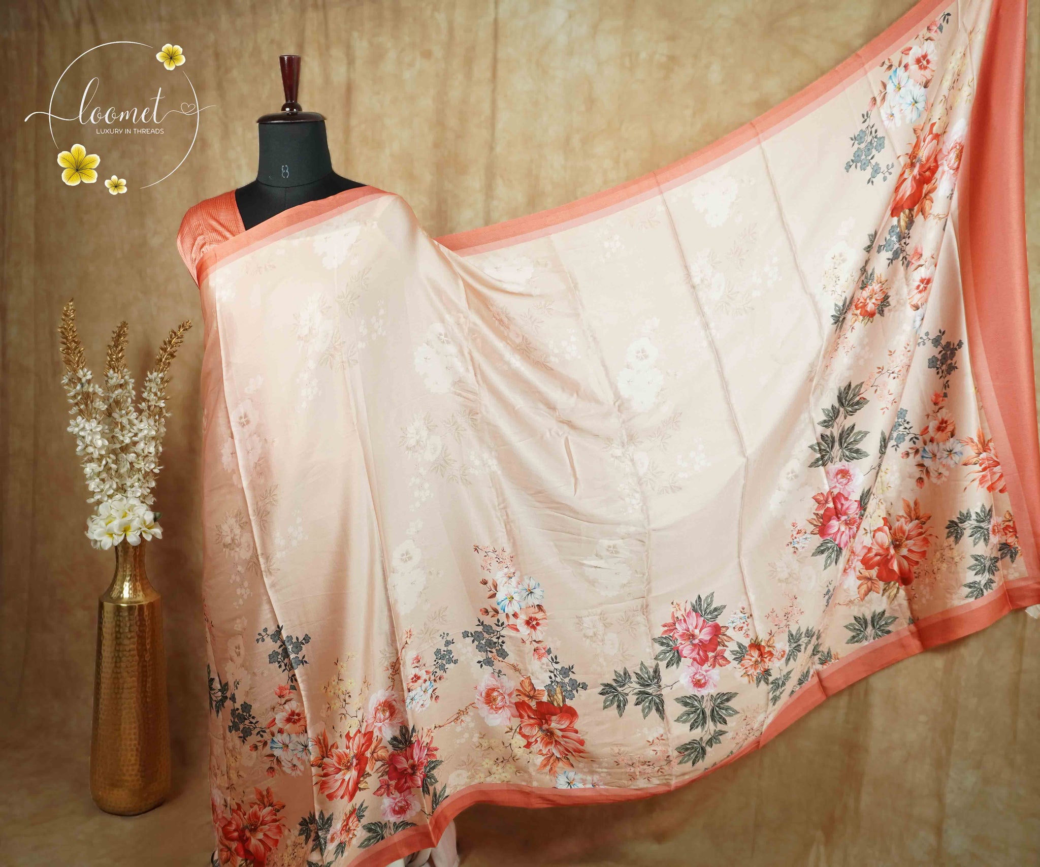 ARN1814 Peach Crepe saree with Floral Digital Print.