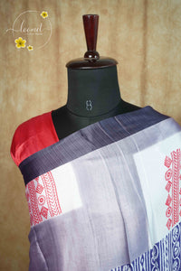 ARN1816 Steel Grey and Slate Blue Crepe saree with patchwork pattern.
