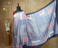 ARN1816 Steel Grey and Slate Blue Crepe saree with patchwork pattern.