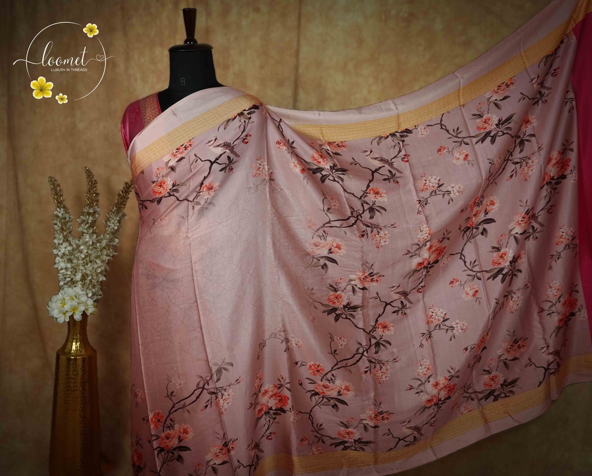 ARN1818 Dusty Rose Crepe saree with Botanical Print.