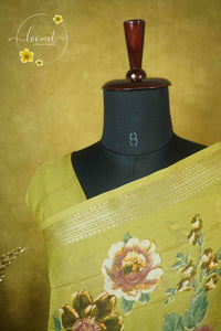 ARN2001 Mustard Yellow Georgette saree with large digital floral prints.