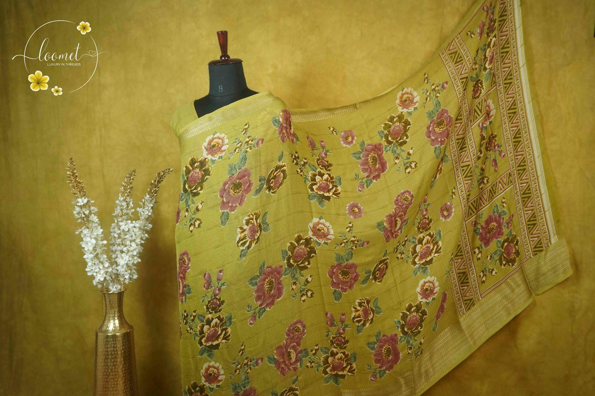 ARN2001 Mustard Yellow Georgette saree with large digital floral prints.