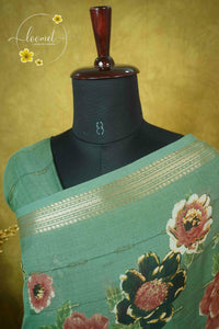 ARN2002 Sage Green Georgette saree with large digital floral prints.