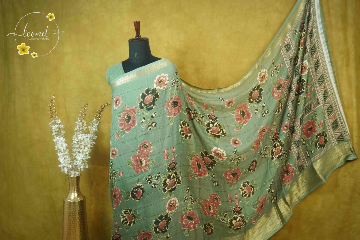 ARN2002 Sage Green Georgette saree with large digital floral prints.
