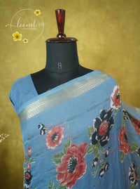 ARN2003 Slate Grey-Blue Georgette saree with large digital floral prints.