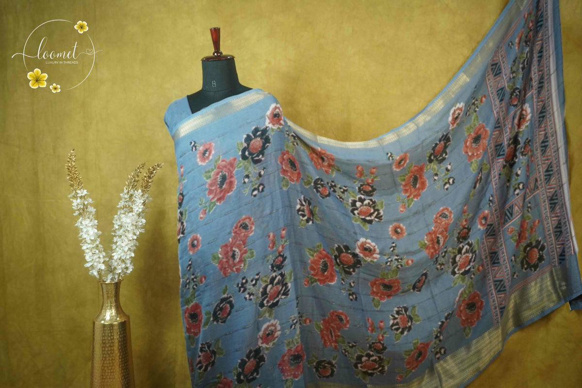 ARN2003 Slate Grey-Blue Georgette saree with large digital floral prints.