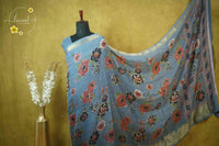 ARN2003 Slate Grey-Blue Georgette saree with large digital floral prints.