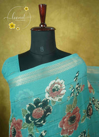 ARN2004 Seafoam Green Georgette saree with large digital floral prints.