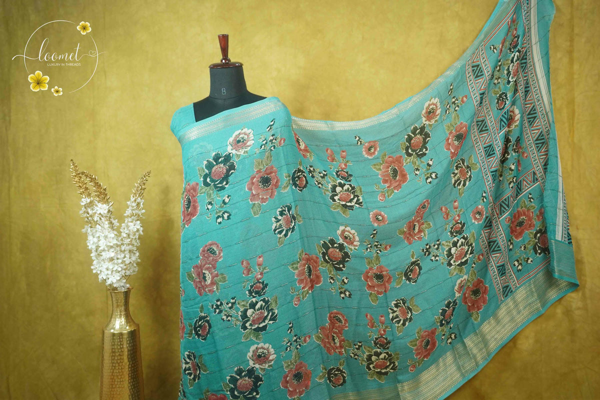ARN2004 Seafoam Green Georgette saree with large digital floral prints.
