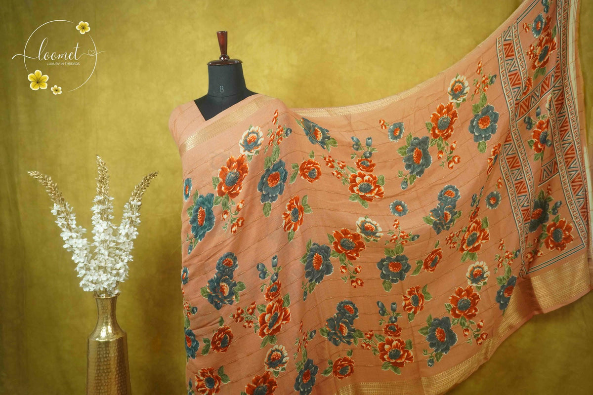 ARN2006 Peach Georgette saree with large digital floral prints.