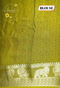 ARN21002 Mustard-green saree features artistic hand-painted floral patterns, a gold zari border, and an intricate traditional elephant-motif pallu.
