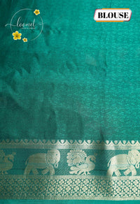 ARN21003 Emerald Green Georgette saree with multicolor floral bouquets.