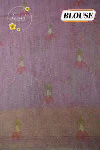 ARN2301 Pastel pink Kota cotton saree features floral vines with gold zari striped border.