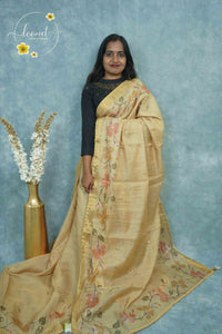 ARN2302 Golden Khaki Kota cotton saree features floral vines with gold zari striped border.