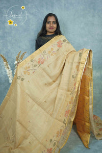 ARN2302 Golden Khaki Kota cotton saree features floral vines with gold zari striped border.