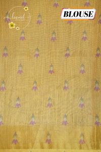 ARN2302 Golden Khaki Kota cotton saree features floral vines with gold zari striped border.