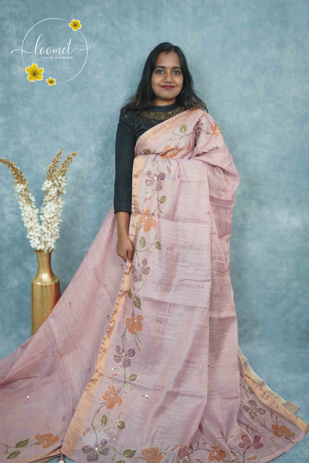 ARN2303 Dusty Rose Kota cotton saree features floral vines with gold zari striped border.
