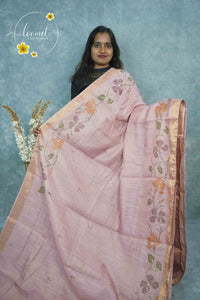 ARN2303 Dusty Rose Kota cotton saree features floral vines with gold zari striped border.