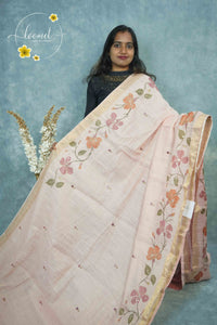 ARN2304 Blush Pink Kota cotton saree features floral vines with gold zari striped border.