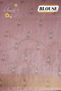 ARN2304 Blush Pink Kota cotton saree features floral vines with gold zari striped border.