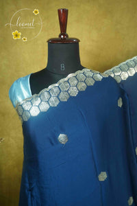 ARN2501 Deep Prussian Blue Chiffon saree with hexagonal buttas.