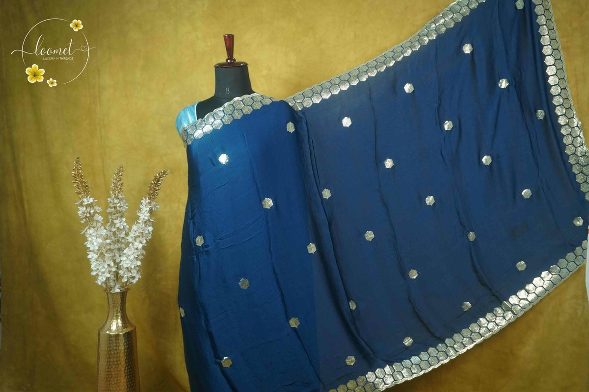 ARN2501 Deep Prussian Blue Chiffon saree with hexagonal buttas.